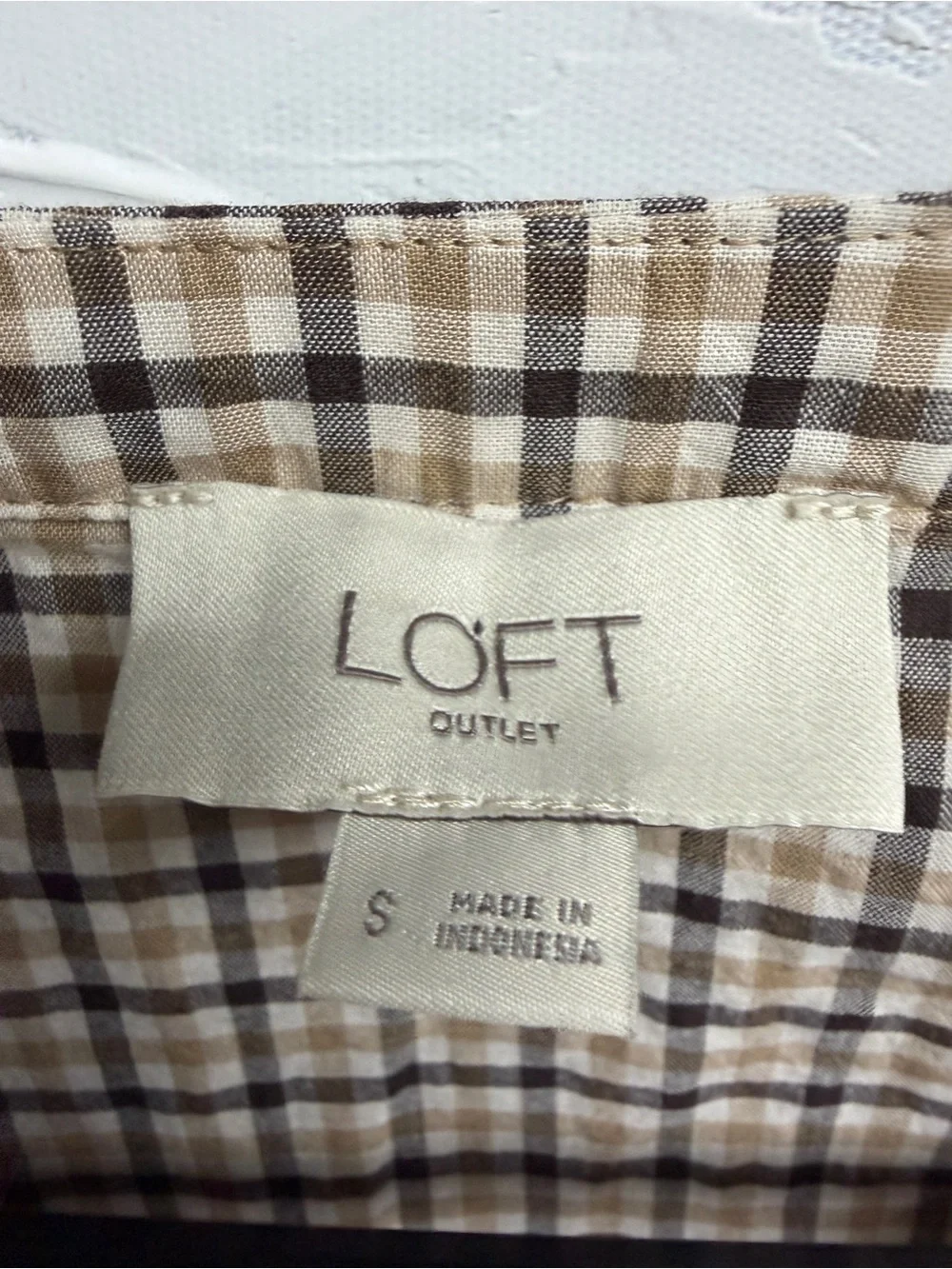 LOFT Outlet Plaid Cottagecore Peplum Top Brown Beige Long Sleeve Small 1139